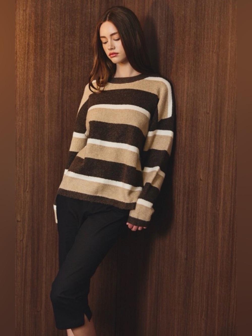 Le Lis Striped Scoopneck Sweater in Brown, Cream & White